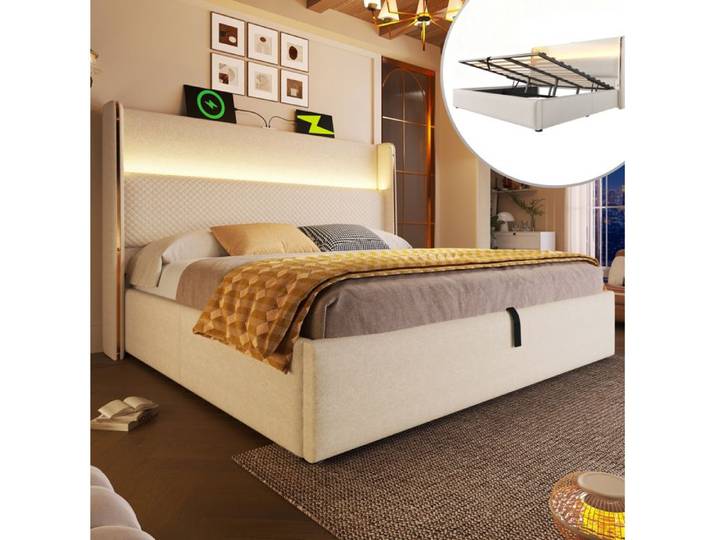 ELVORIN Lit coffre hydraulique 160 x 200 cm tête de lit haute LED USB Type-C beige