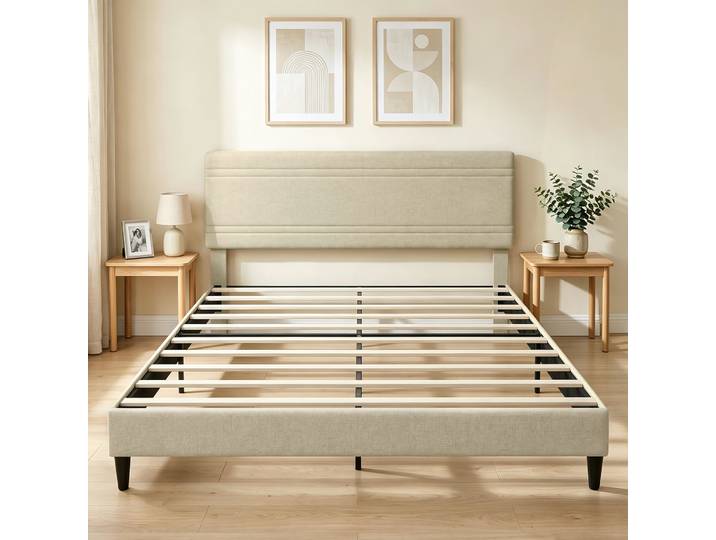 HOMCOM Lit 160x200cm Sommier Bois Acier Rembourré Beige