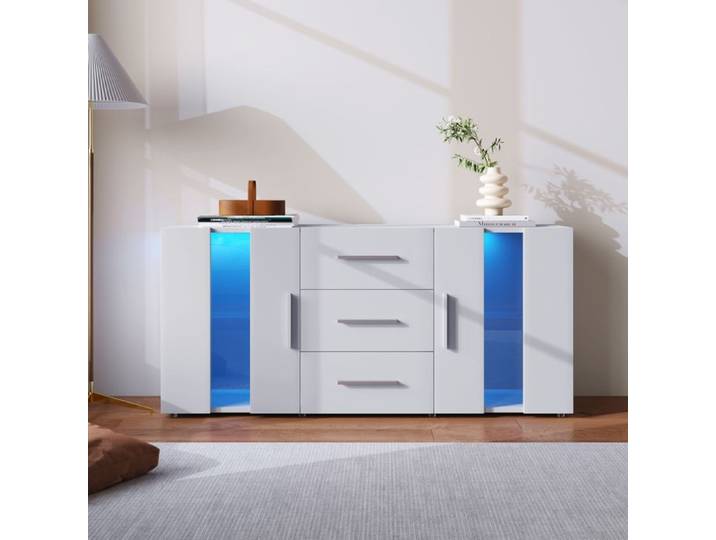 Buffet Moderne Et élégant Armoire Polyvalente 4 Portes Et 2 Tiroirs Armoire à Manger avec 16 Lumières LED Couleurs 140x35x70cm