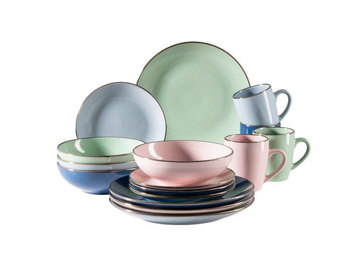 Mäser Kombiservice Metallic Rim, Rosa, Hellblau, Dunkelblau, Mintgrün, Keramik, 16-teilig, 400 ml, 33x31.7x32.5 cm, handbemalt, Essen & Trinken, Geschirr, Geschirr-Sets, Kombiservice