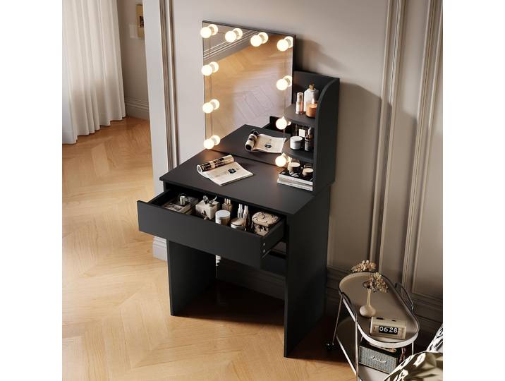 SIRHONA Coiffeuse avec Miroir, Table de maquillage avec 1 tiroir et 3 Compartiments Ouverts, Noir + 10 Ampoules LED (3 couleurs)