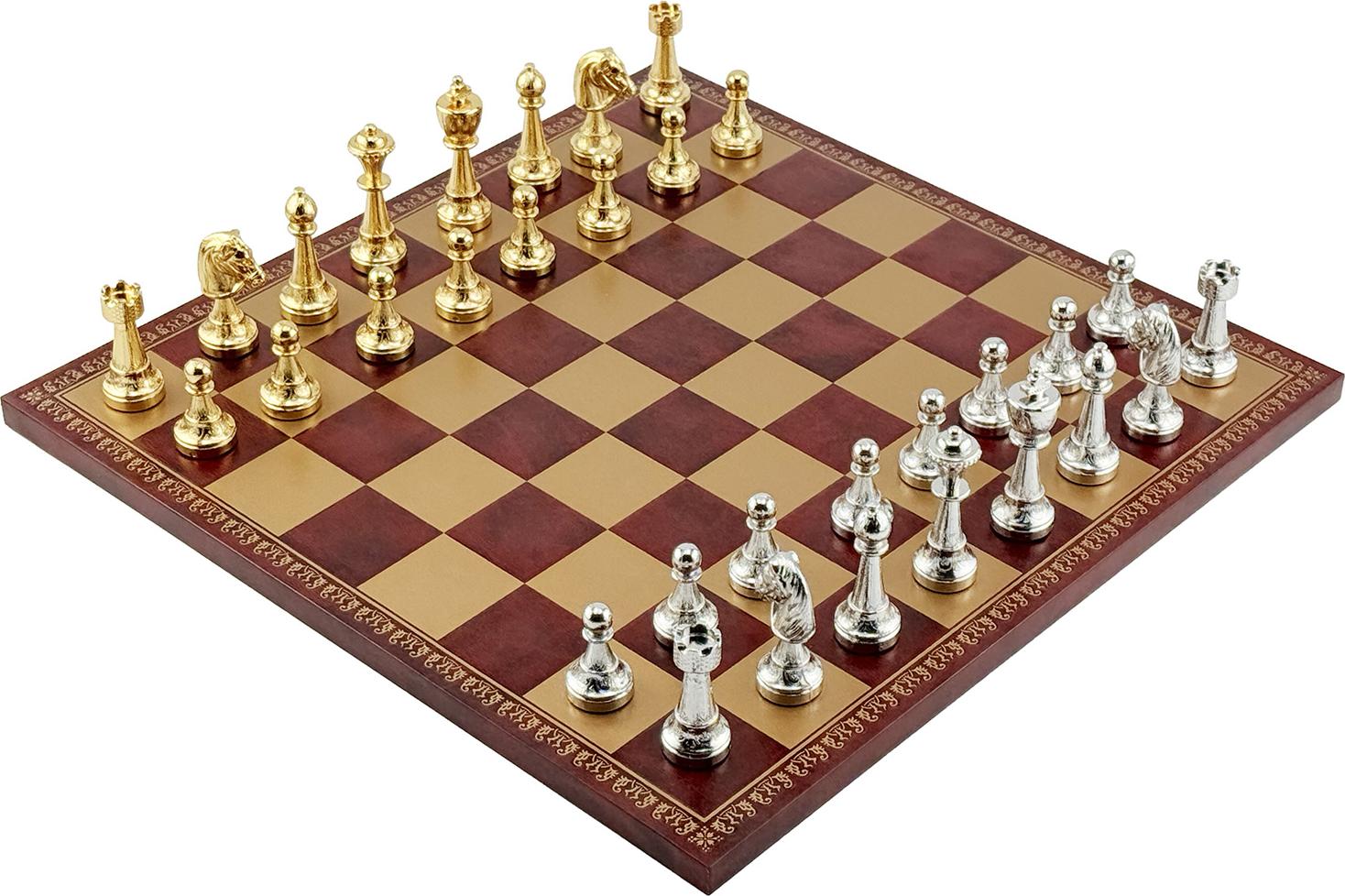 ITALFAMA Luxus-Schachset Staunton 24K Gold/925 Silber + Lederette-Spielbrett 40 cm