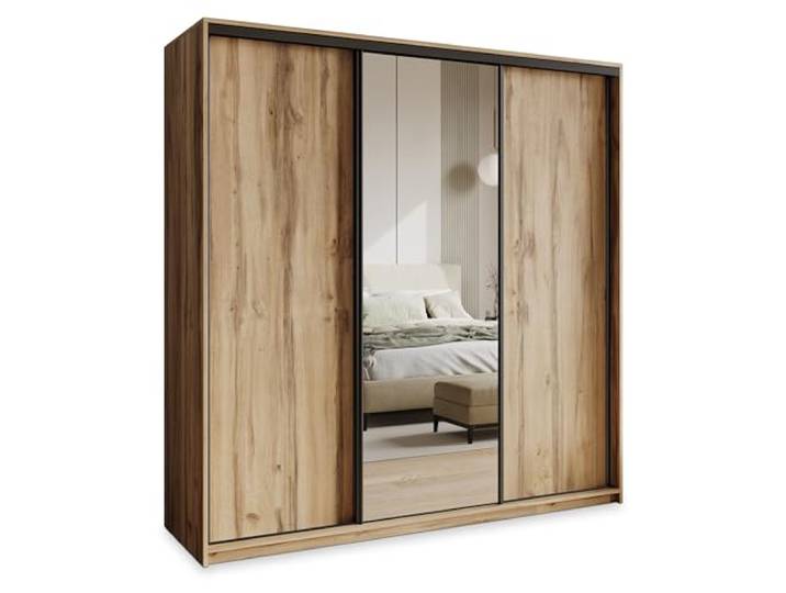 Masseno Schwebetürenschrank TAVI 200/205/60 cm Kleiderschrank mit Schubladen Schlafzimmer Schiebetürenschrank 3-türig mit Spiegel Eiche Wotan + Schwarz