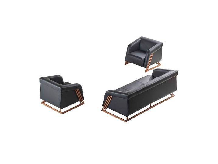 Xlmoebel Sofa Leders Set 3-Sitzer und Sessel Edelstahl Holz Schwarz, Sofa-Set 3 Teile, Made in Europa