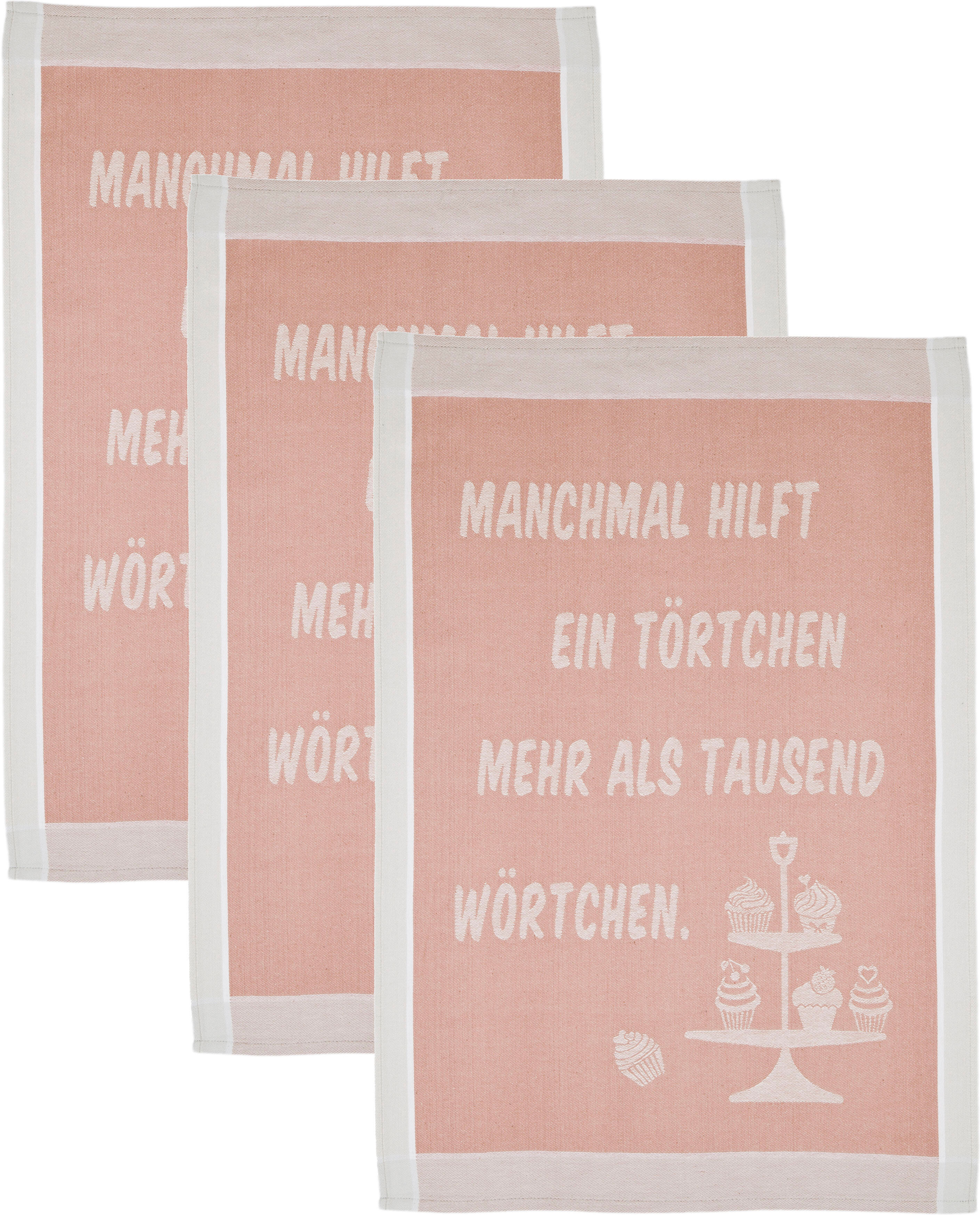 Geschirrtuch ROSS "Manchmal hilft ein Törtchen mehr als tausend Wörtchen", rosa (rosa, grau), B:50cm L:70cm, 100% Baumwolle, Geschirrtücher, Geschirrtuch, Sprüchetuch, aus 100% Baumwolle rosa, grau 3 Stk., 100 % Baumwolle