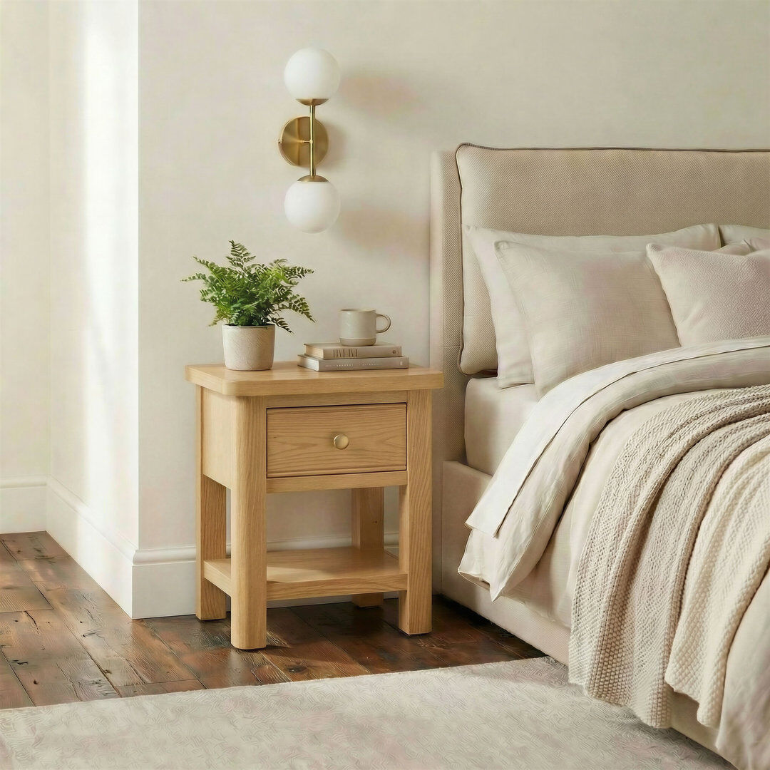 Rebrilliant Bodkin Wooden Bedside Table With Drawer - Traditional Farmhouse Style Oak 47cm H x 40cm W x 36cm D