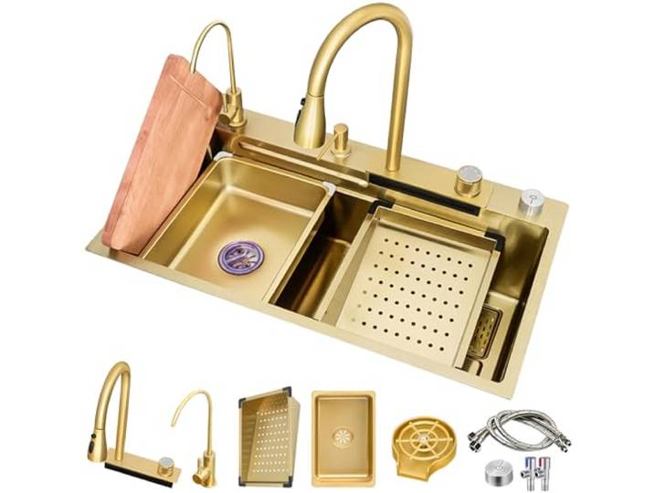 Edelstahl Goldene Küchenspüle, Einzelne Schüssel Wasserfall Home Spüle, Gemüse Becken Workstation Spüle, Mit Ausziehbarem Wasserhahn, Cup Washer(75x45x21cm)