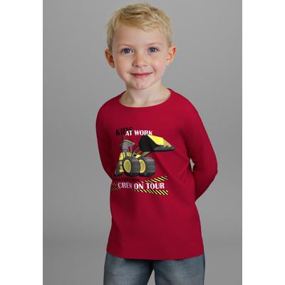 Langarmshirt KIDSWORLD "CONSTRUCTION crew on tour", Jungen, Gr. 104/110, rot, Single Jersey, Obermaterial: 100% Baumwolle, bedruckt, Basic, Rundhals, Shirts Langarmshirt, Cooler Bagger Druck