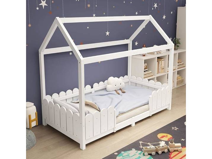 Lit Cabane 90x200 Lit Enfant en Bois avec Barrière de Sécurité Lit Cabane Enfant Garçon et Fille Structure Stab STRUCTURE DE LIT