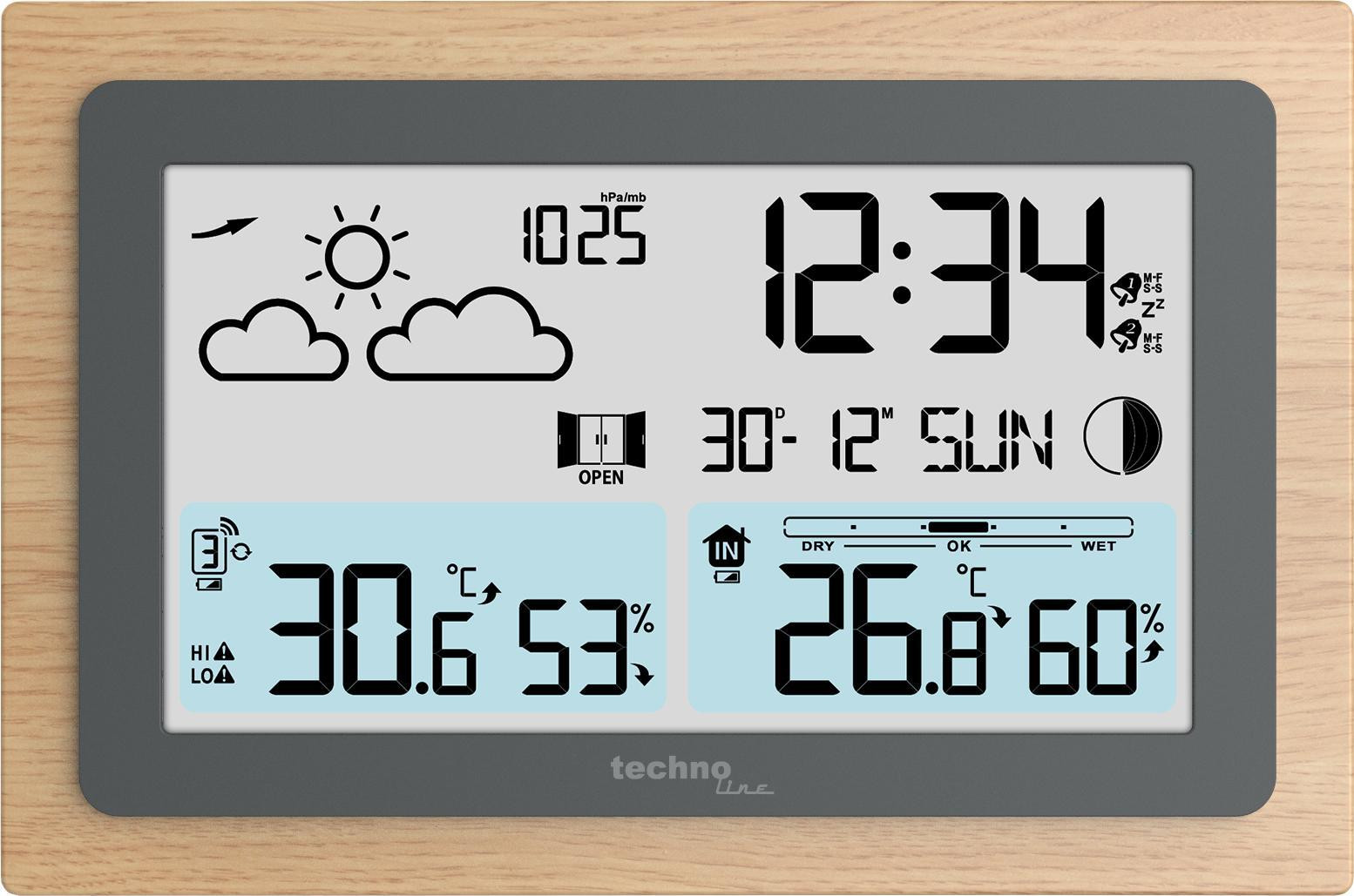 Technoline WS 6785 Thermometer en Hygrometer met Barometer, Hout, Grijs