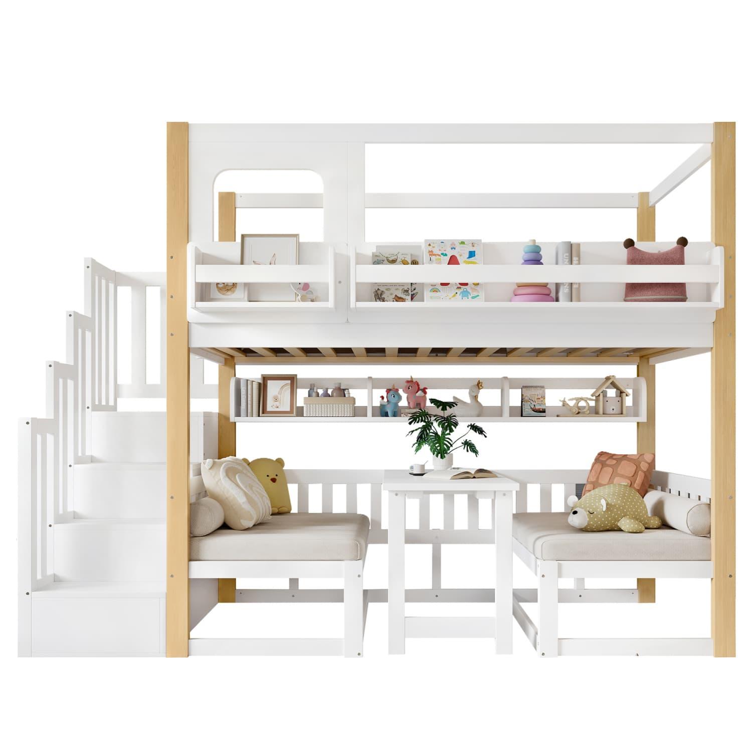 Etagenbett, Kinderbett,Multifunktionaler höhenverstellbarer Tisch, mit einem kleinen Bücherregal,Stabile Aufbewahrungstreppe, Kiefer + MDF +Sperrholz