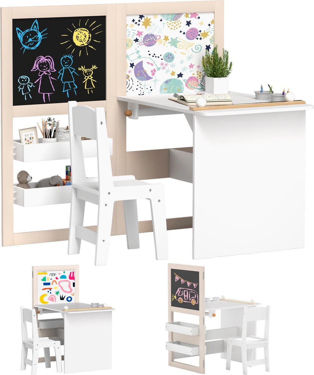 In hoogte verstelbaar tekenbureau voor kinderen met schoolbord, whiteboard, stoel en accessoires, wit