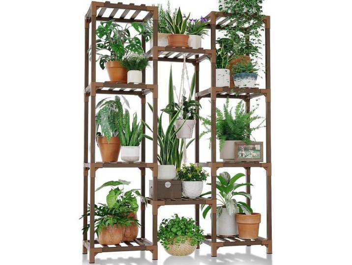 Étagère Plantes Bois 10 Pots - Porte Plante Marron Intérieur Salon Balcon Extérieur - Présentoir Multi-Niveaux Décoration Jardin