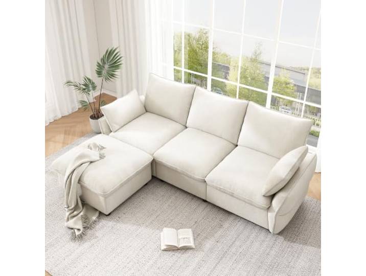 BXEYXE Moderner Ecksofa mit Ottomane (inkl. 1 Hocker), 3-Sitzer Sofa aus Chenille, geeignet für Wohnzimmer, Apartment und Single-Haushalt, Beige, 222,5 × 154,5 × 76,5 cm