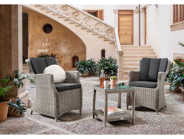Balkonset DESTINY LUNA MERANO 2 Se + Beistelltisch 46x46cm, vintage weiß , weiß (vintage weiß), Polyester, Aluminium, Polyester, Polyrattan, Sitzmöbel-Sets, Balkonset, Aluminium, Polyrattan