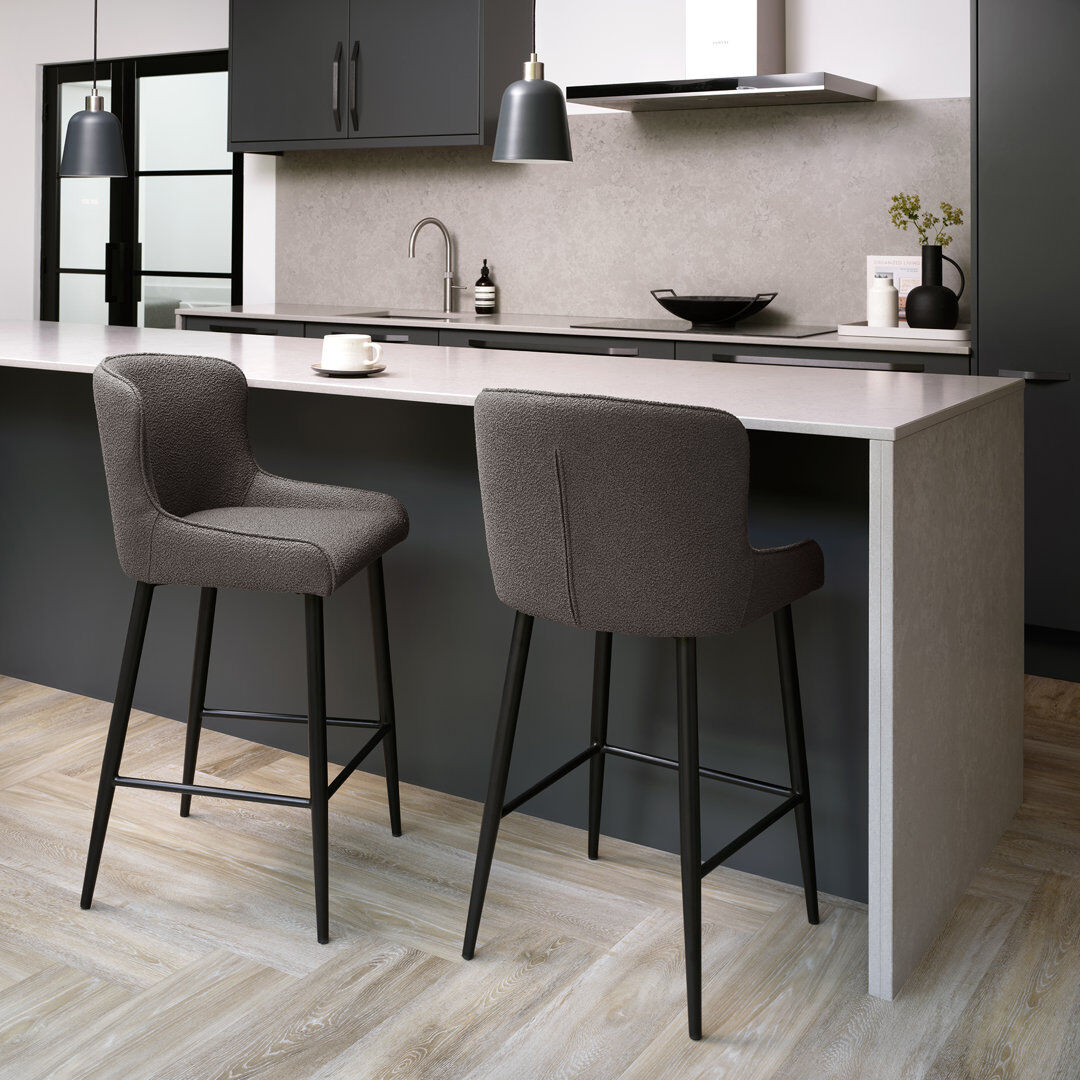 17 Stories RUBENS UPHOLSTERED BARSTOOL - BOUCLE FABRIC - BLACK SAND POWDER COATED LEGS (PAIR) Grey 97cm H X 51cm W X 54cm D