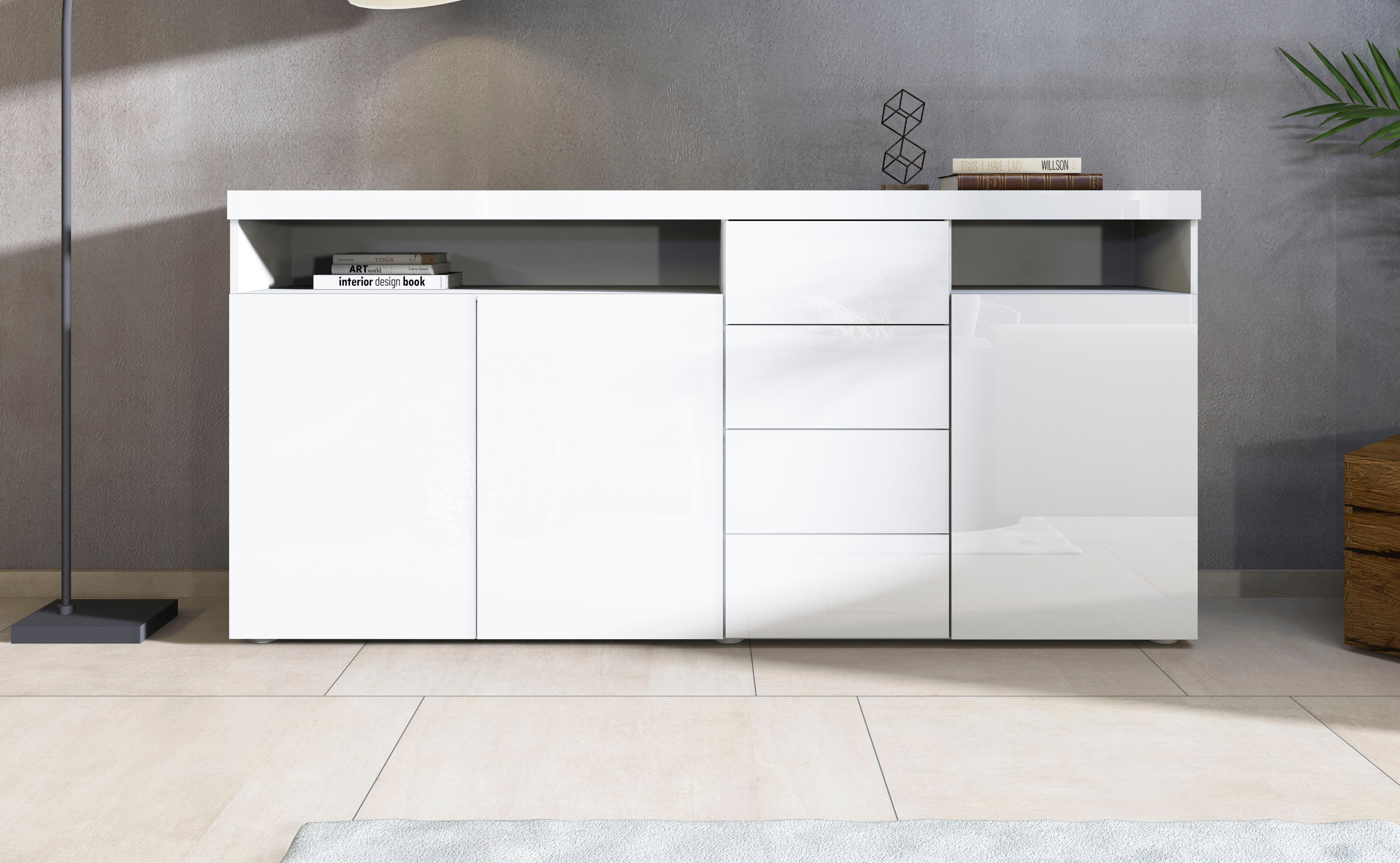 Highboard BORCHARDT MÖBEL "Kapstadt, Breite 200cm, Kommode mit Drucköffner", weiss (weiß, glänzend), B:200cm H:93cm T:35cm, Holzwerkstoff, Sideboards, Highboard, Türen, Schubladen, offene Fächer, viel Stauraum, praktisch, modern weiß, glänzend B/H/T: 200c