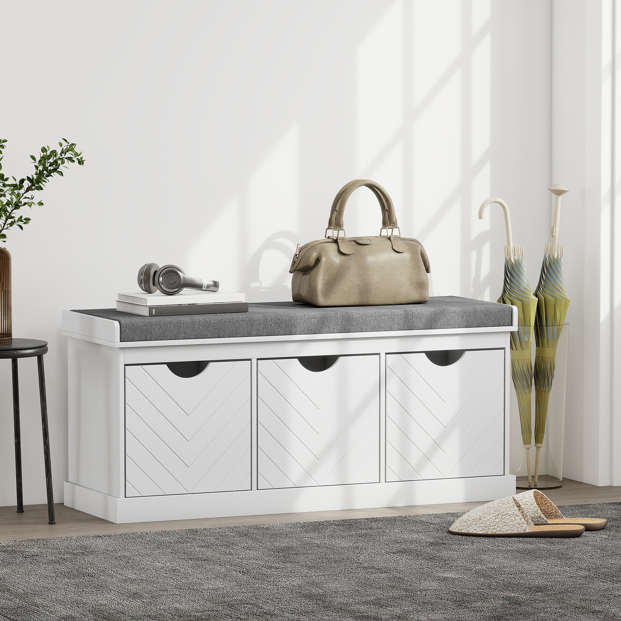 Homcom Panca portascarpe con 3 cassetti e cuscino imbottito, bianco   Aosom Italy