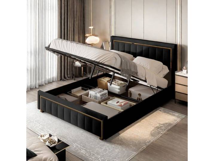 Lit Capitonné 140x200 Lit Coffre avec Rangement Lit en Velours avec Son Design à Rayures Verticales Lit Rembourré Noir