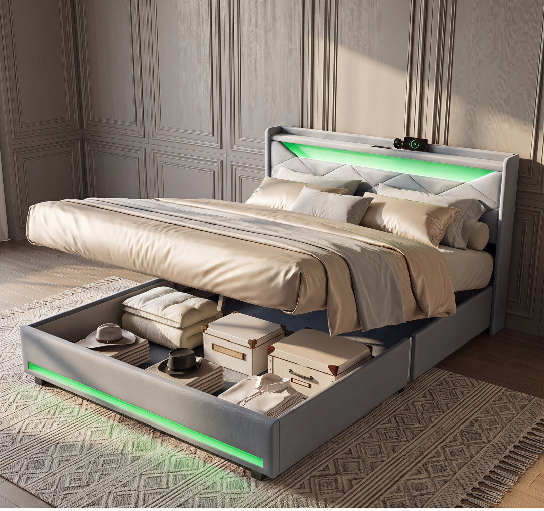 Metro Grey Linen Upholstered Ottoman Storage Bed with LED Headboard & USB Charging Station Grey Kingsize (5')