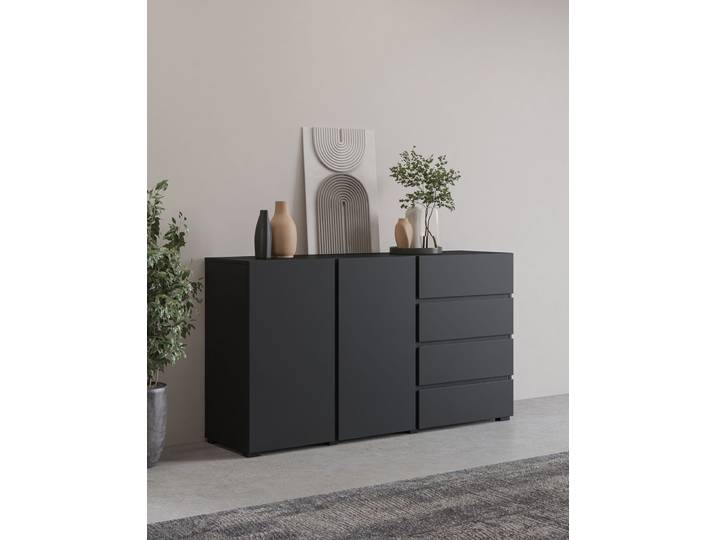 Sideboard GOODPRODUCT Metric,Breite 138 cm, grifflose Kommode 2 Türen/4 Schubkästen , schwarz, B:138cm H:78,3cm T:40cm, Sideboards, Sideboard, Schubladenschrank mit viel Stauraum, Einlegeböden verstellbar