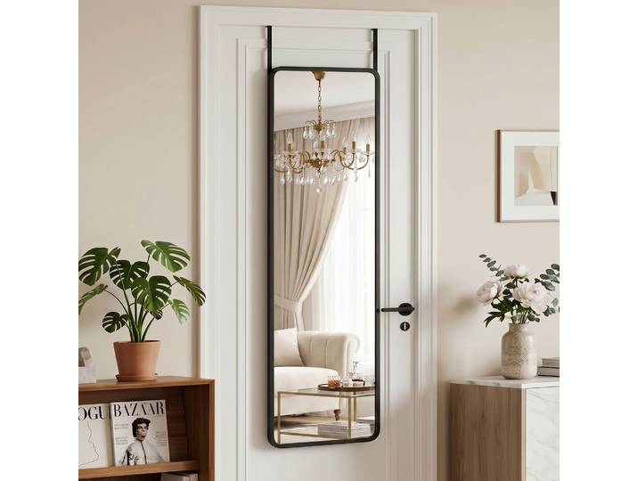 Miroir sur pied Antok 122x46 cm noir, 4-en-1 : à poser sur la porte, autoportant, inclinable, mural – avec crochets réglables et coins arrondis pour chambre et salon