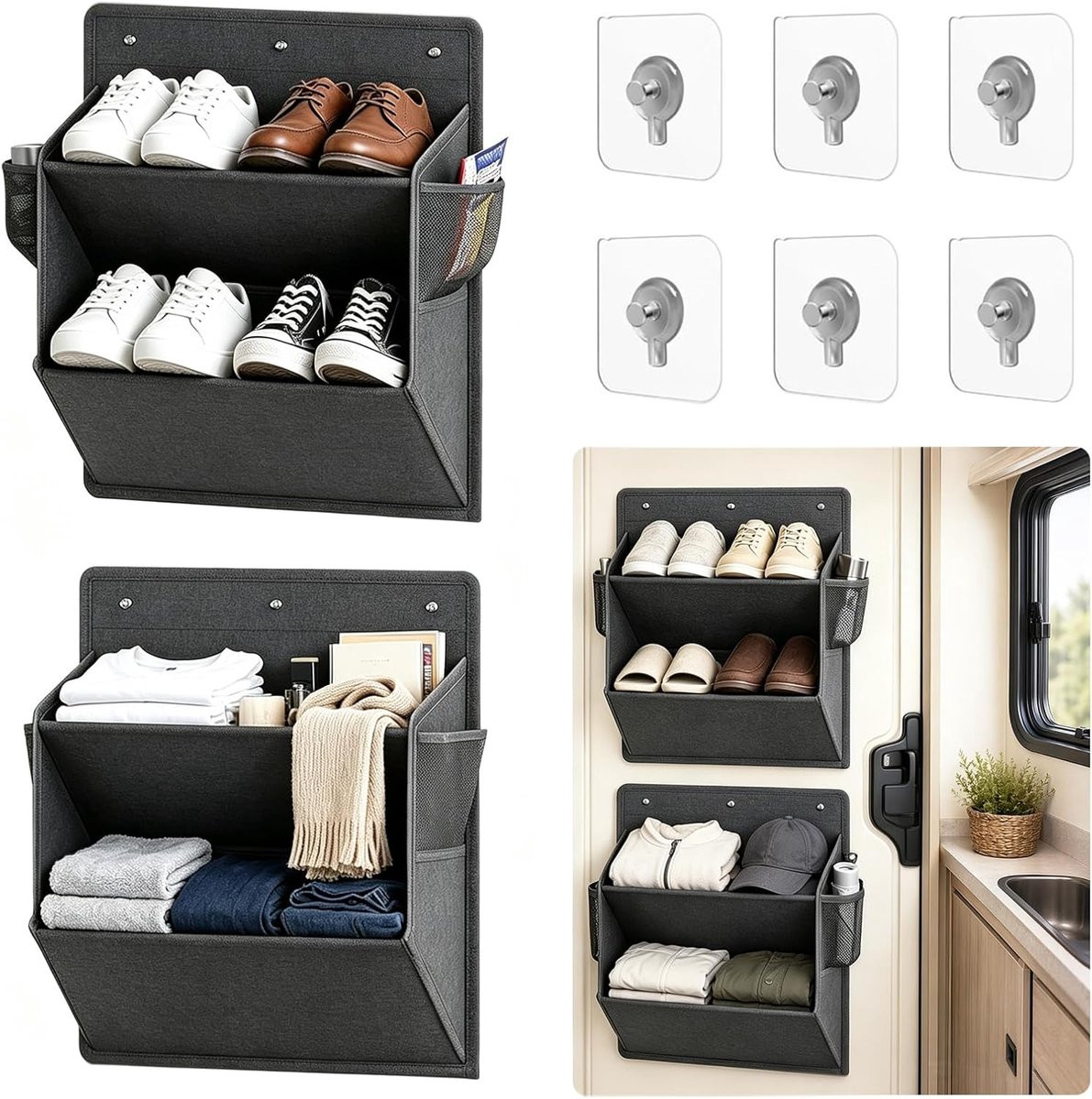 Set van 2 zelfklevende en opvouwbare schoenenhouders voor campers en bestelwagens, grijs