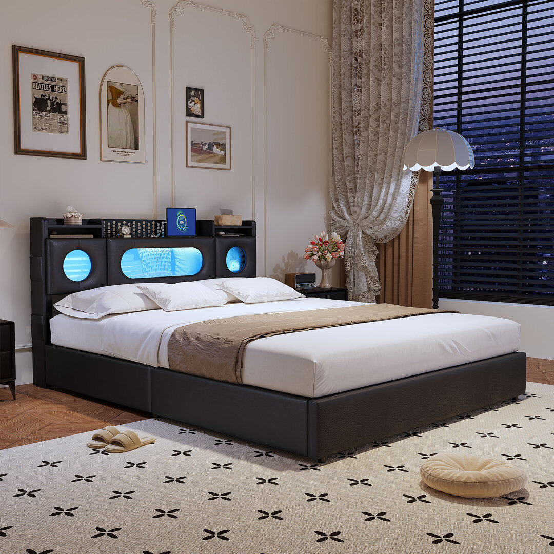 Metro Hydraulic Lift Up Beds, Ottoman Double Bed Frame With Storage And Headboard, PU Upholstered Platform Bed With LED Lights And Charging-Port For Bedroom Black European Double (140 x 200 cm)