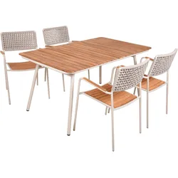 Garden Pleasure Gartenmöbel Set CARMEL, Tisch 150 x 90 + 4 Stapelsessel, Stahl Weiß / Teak / Rope