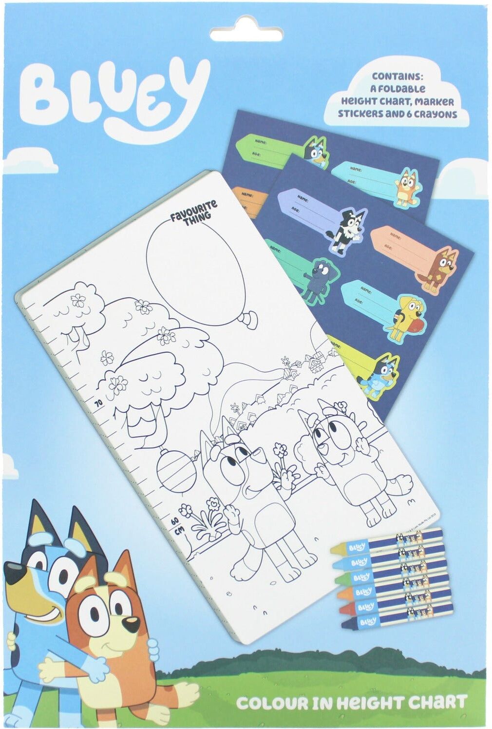 Blueprint Bluey Colour-In Height Chart Set with Stickers ; Crayons for Kids, Ages 3+, 160 cm, Officially Licensed, 6 Crayons & 20 Stickers