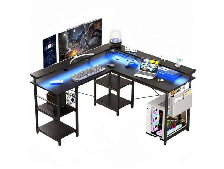 Bureau Gamer en L Réversible avec LEDs RGB Prises USB et 4 Étages Réglables