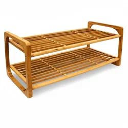 Relaxdays Schuhregal Bambus HxBxT:33x75x33cm, Holz, für 6 Paar, stapelbar, 2 Ablagen, Schuhschrank/Sitzbank, natur