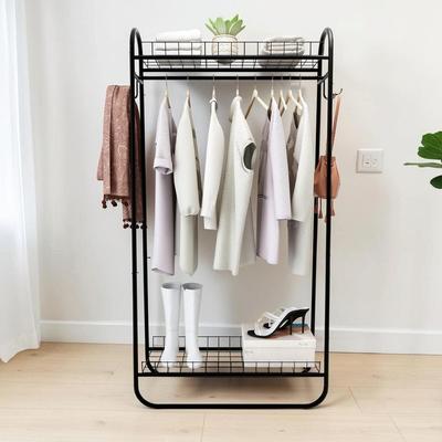 CARMORICO Freestanding Rolling Clothing Rack, Heavy Duty Metal Portable Wardrobe with Double Shelves for Hanging Clothes