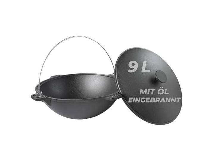 BIOL Kazan Gusseisen Kessel 9L mit Deckel & Bügelgriff – traditioneller Gusseisen Topf mit rundem Boden, Gulaschkessel für Plov, Feuerofen, Grill & Camping, Outdoor Kochen