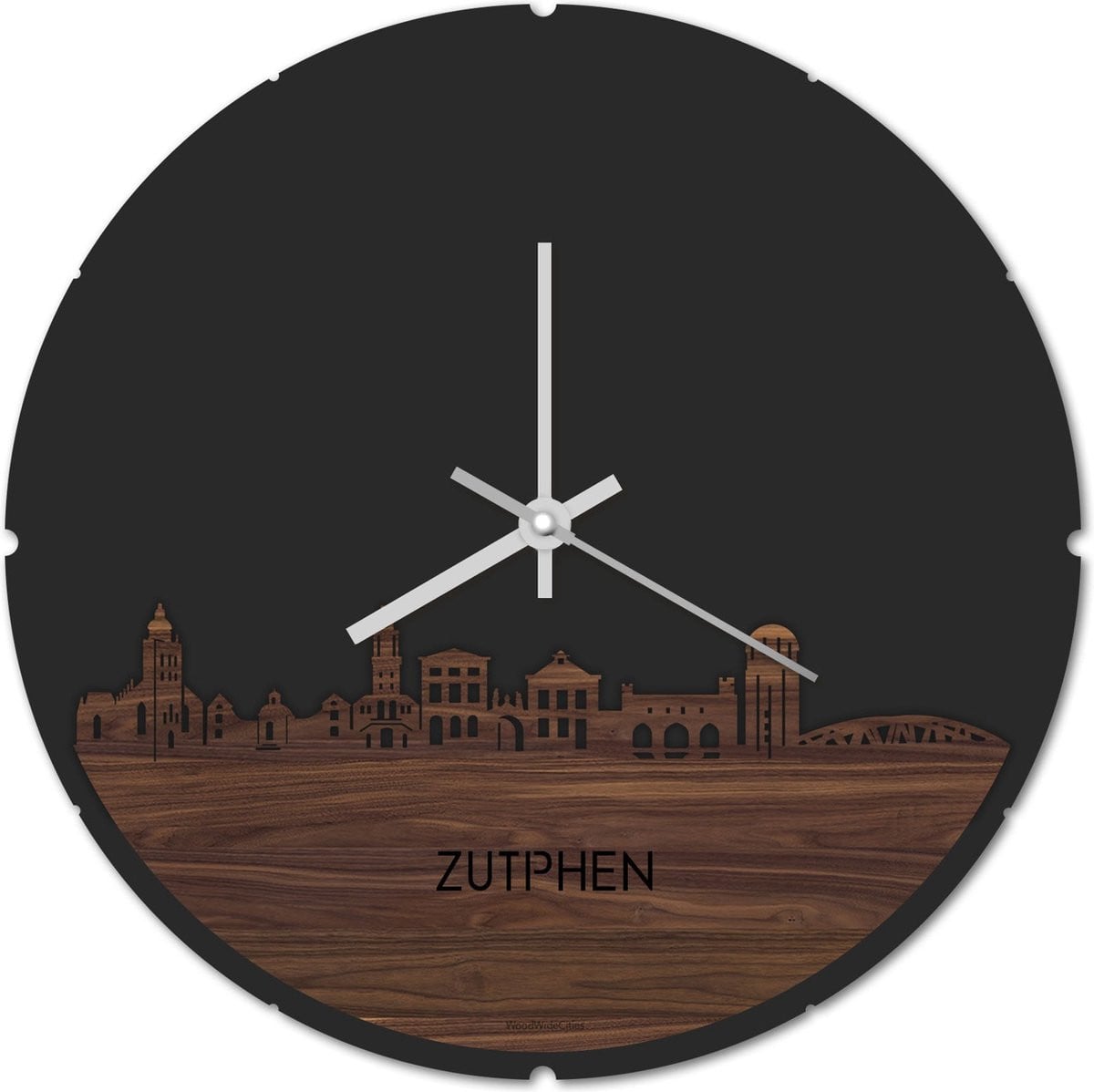 Skyline Klok Rond Zutphen Notenhout - Ø 44 cm - Stil uurwerk - Wanddecoratie