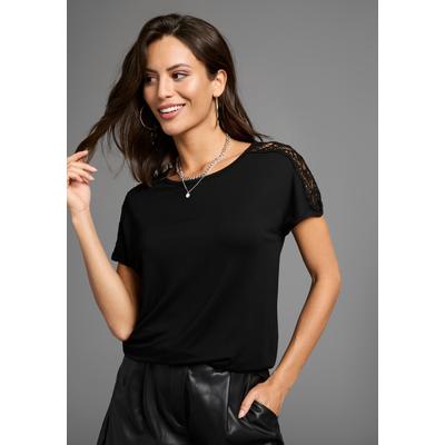 Kurzarmshirt LAURA SCOTT, Damen, Gr. 32/34, schwarz, Jersey, Obermaterial: 95% Viskose, 5% Elasthan. Spitze: 100% Baumwolle, unifarben, figurumspielend hüftlang, Rundhals, Shirts, mit Spitze