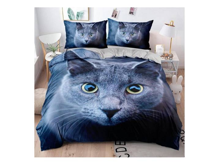 LuxusKollektion Kinderbettwäsche Bettwäsche 135x200 3D Katze Britisch Kurzhaar Blau Weiß