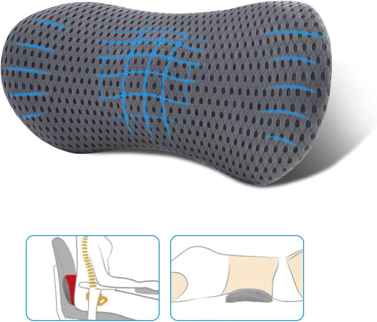 Lumbale Ondersteuning Kussen - Comfortabel Memory Foam Rugsteun Kussen - Donkergrijs