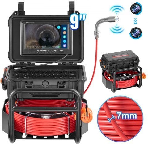 VEVOR Rioolcamera met 30 meter inspectiekabel, 512 Hz zender, afstandsmeter en 9-inch scherm, 1080P HD buiscamera met 12 LED's en 32 GB-kaart, zwart