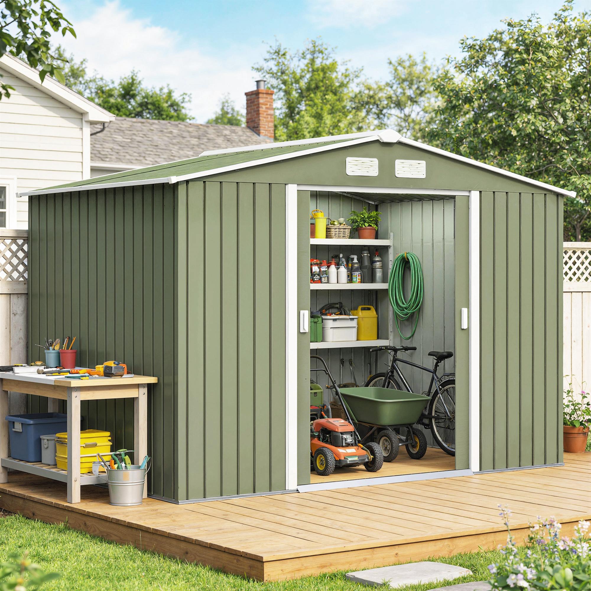 Gerätehaus Stahl wetterfest, Geräteschuppen Metall Schiebetüren, Gartenschuppen Hellgrün | mit Belüftung & Fundament | 24,5 kg | 277x195x192 cm