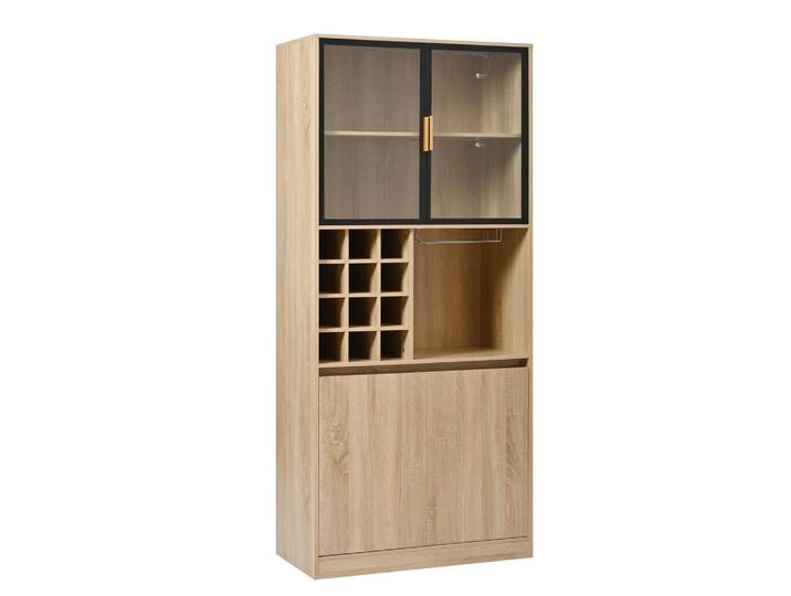 Vitrine haut effet bois casier à vin et porte verres avec LED
