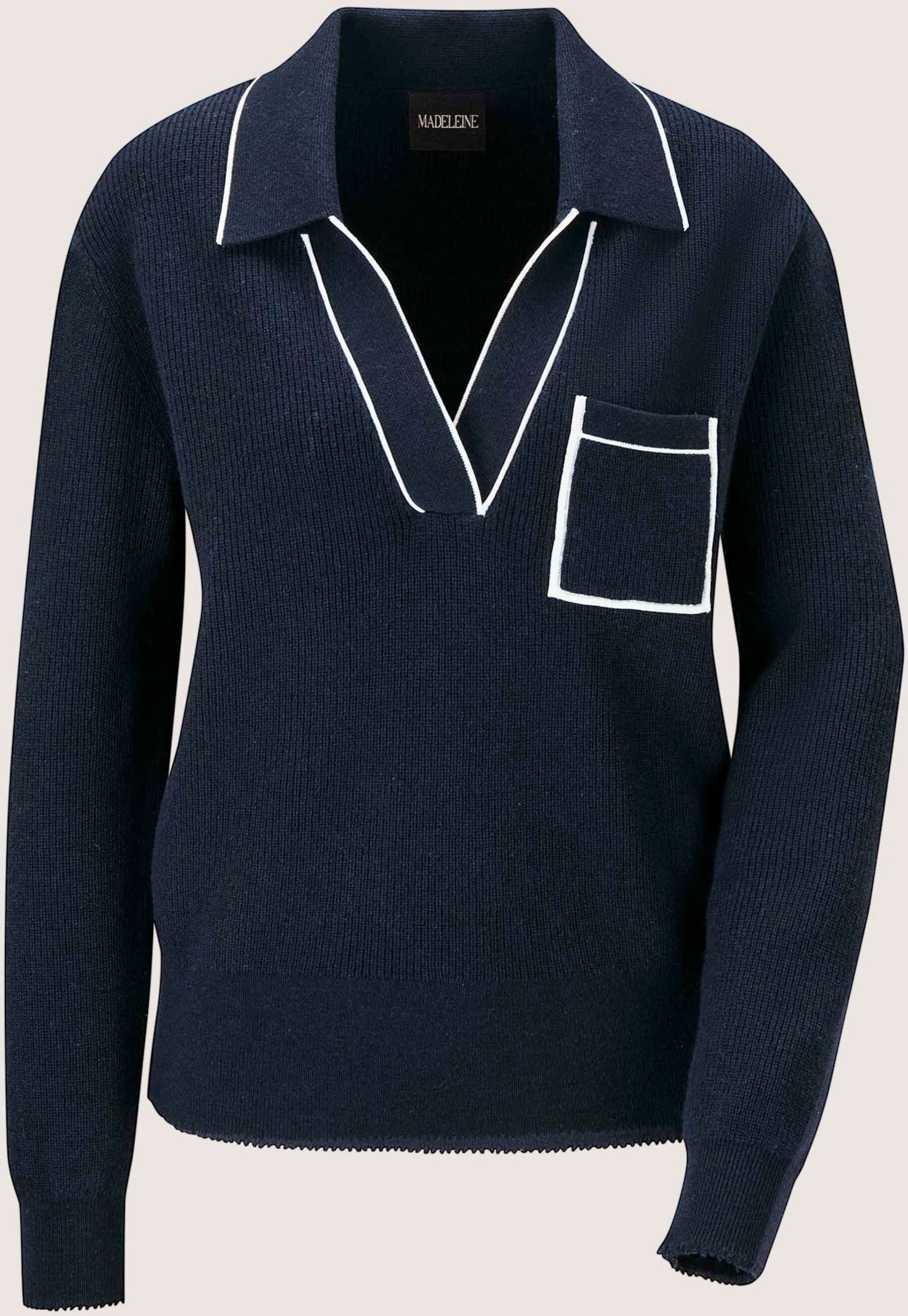 Longpullover MADELEINE "Pullover Strickpullover im Polo-Style", Damen, Gr. 48, marine, weiß, Modern, comfort fit, Pullover Longpullover