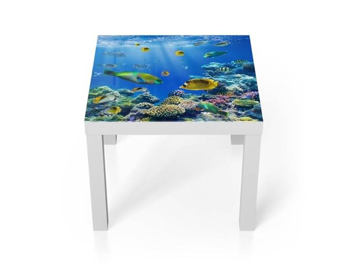DEQORI Glastisch weiß klein 55x55 cm Motiv Unterwasserwelten ausgefallener Beistelltisch aus Glas Hochglanz Couchtisch fürs Wohnzimmer moderner Couch Tisch mit Design
