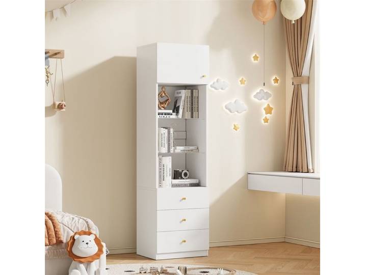 Vitrine Colonne de Rangement - 50x40x180cm - Bibliothèque avec Étagères en Verre Ajustables et 3 Tiroirs - Blanc
