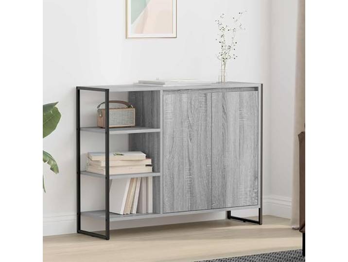 HEFZGDB Industrieller Sideboard Schrank für Wohnzimmer mit Stahlbeinen - Moderner Seitenschrank Grau Sonoma 96,5 x 30 x 75 cm mit anpassbaren Regalen als funktionales Möbelstück