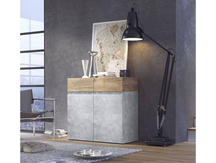 Kommode HOME AFFAIRE Rimini, Kommodenschrank, Schubladenschrank, 2 Schubladen, 2 Türen , grau (atelier hell, kastanienfarben), B:90cm H:86cm T:40cm, Sideboards, Kommode, Breite 90 cm