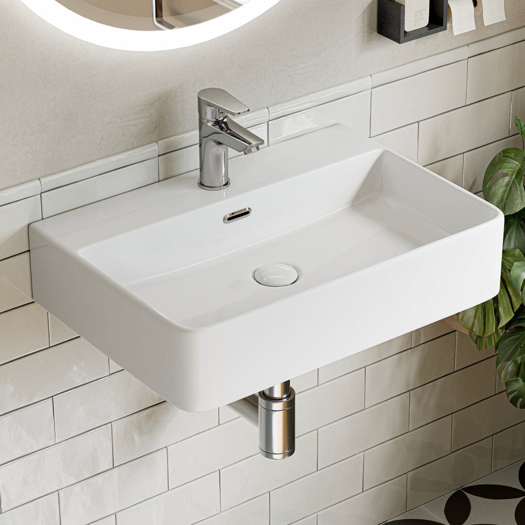 HOROW Basin 600 mm L x 420 mm W Ceramic Rectangle Sink and Overflow white 420mm W