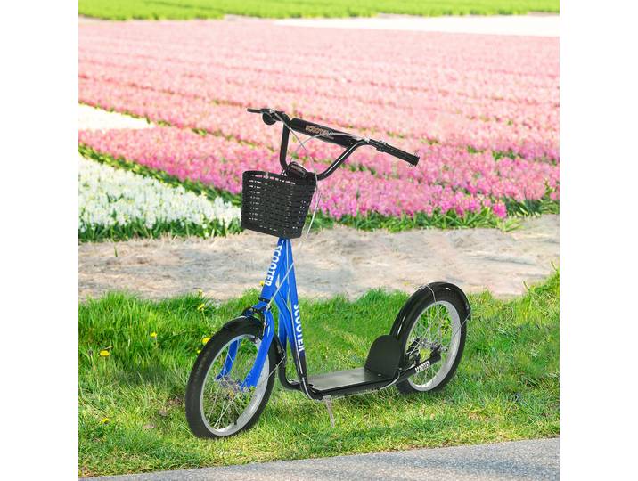 HOMCOM Trottinette patinette Enfant Grandes Roues pneumatiques Guidon réglable Frein AV-AR Garde-Boue béquille Panier métal Bleu Noir