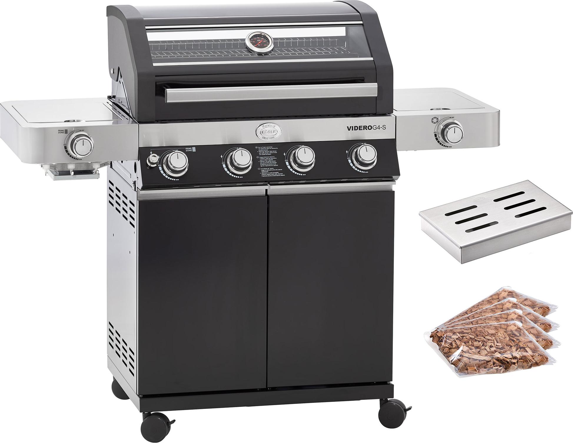 RÖSLE BBQ Gasgrill Videro G4-S Vario+ Schwarz mit Räucherset