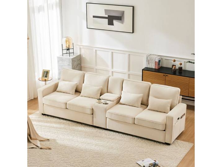 Canapé 4 places moderne en tissu de lin avec console 2 porte-gobelets 2 prises USB pour recharger avec câble avec poches